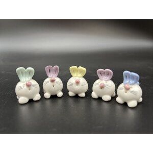 Mini Ceramic Rabbit Bunnies Spring Easter Village Dollhouse Figurines lot of 5